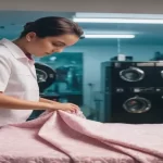 A woman in a white shirt carefully folds a pink blanket at a dry cleaning shop.