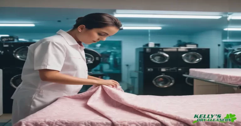 A woman in a white shirt carefully folds a pink blanket at a dry cleaning shop.